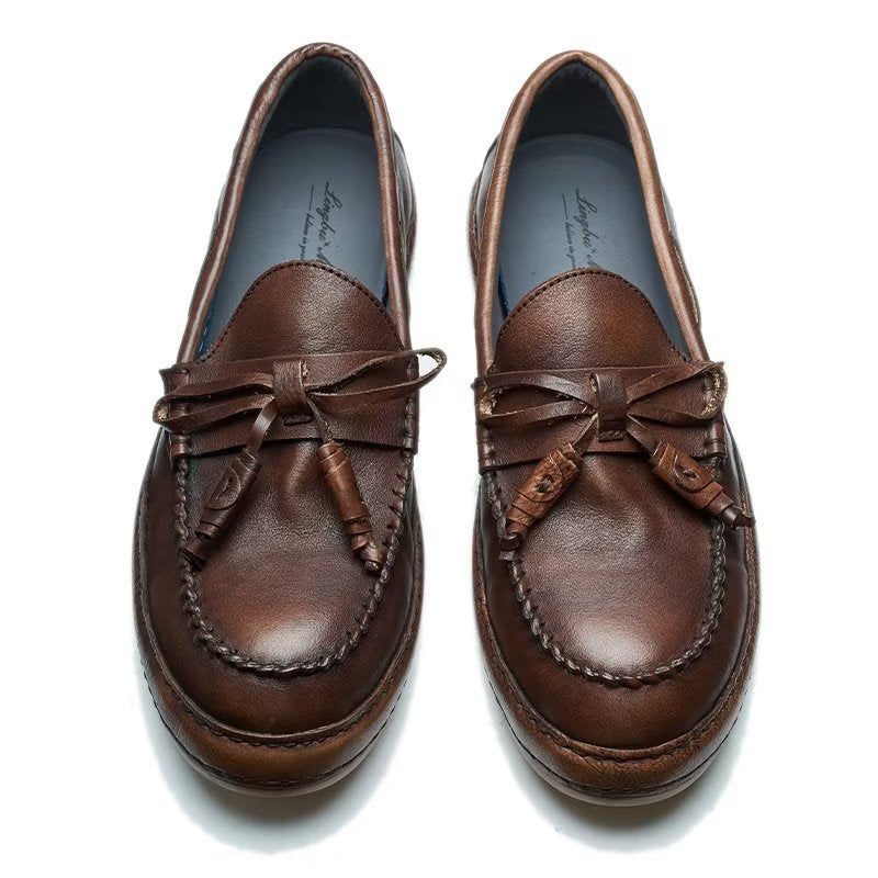 Mocassins Masculinos Luxo Com Borla Couro Vaca Elegantes Slip-ons - Café