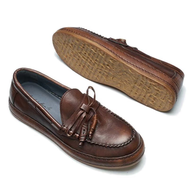 Mocassins Masculinos Luxo Com Borla Couro Vaca Elegantes Slip-ons - Café