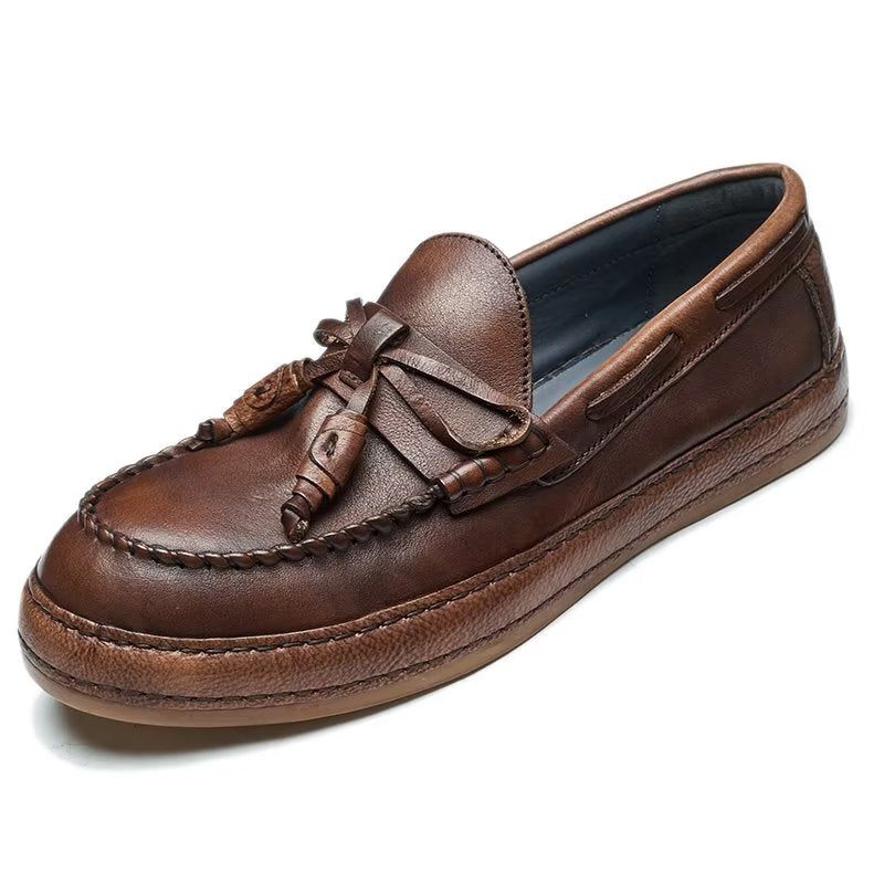 Mocassins Masculinos Luxo Com Borla Couro Vaca Elegantes Slip-ons - Café