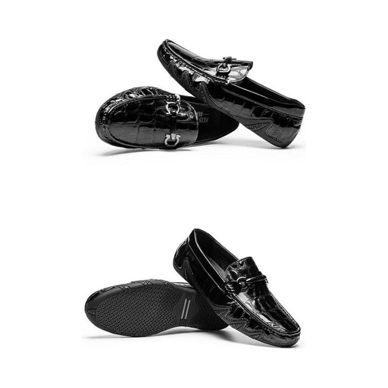 Mocassins Masculinos Luxo Crocmoc Com Padrão Crocodilo Couro - Preto