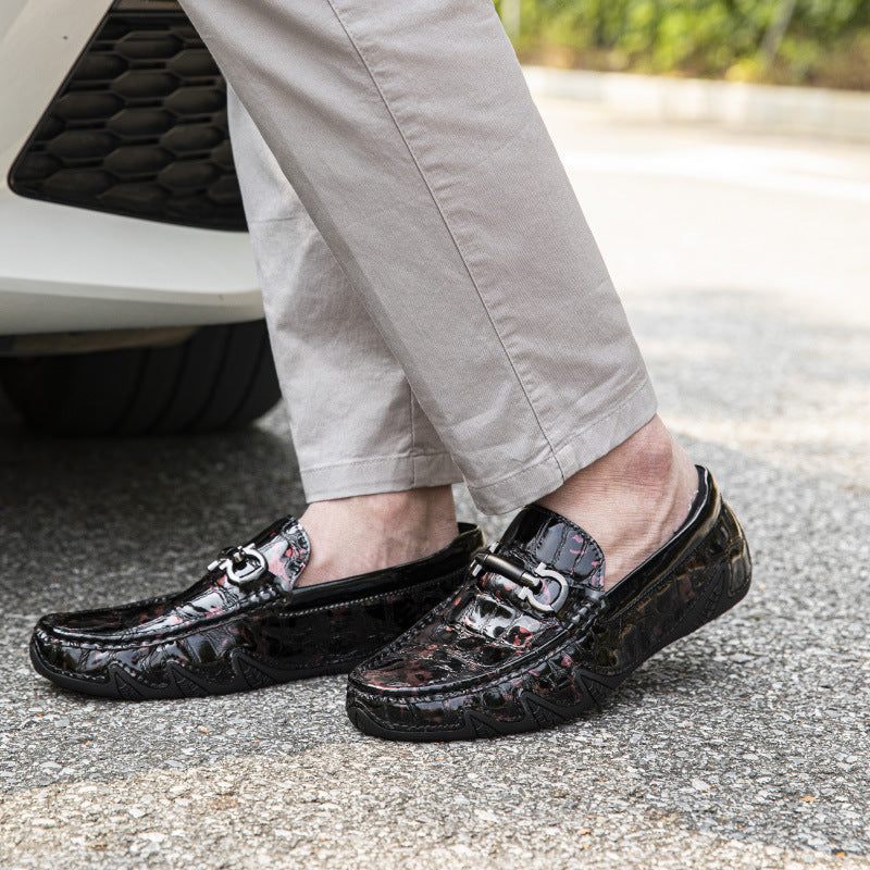 Mocassins Masculinos Luxo Crocmoc Com Padrão Crocodilo Couro - Borgonha