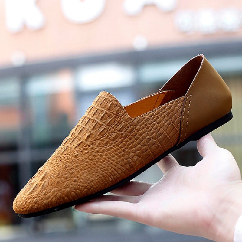 Mocassins Masculinos Luxo Em Couro Crocodilo Para Dirigir - Café