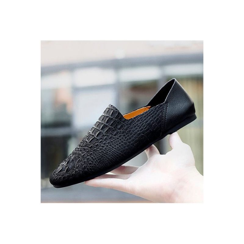 Mocassins Masculinos Luxo Em Couro Crocodilo Para Dirigir - Preto