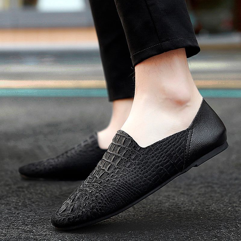 Mocassins Masculinos Luxo Em Couro Crocodilo Para Dirigir - Preto