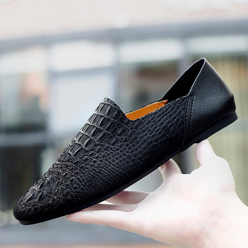 Mocassins Masculinos Luxo Em Couro Crocodilo Para Dirigir - Preto