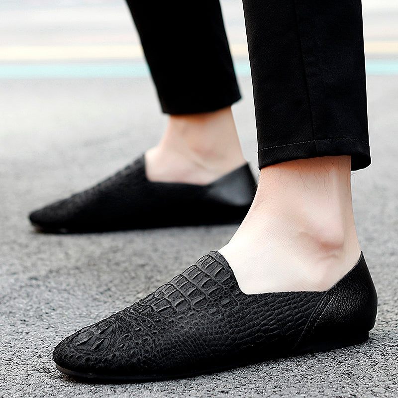 Mocassins Masculinos Luxo Em Couro Crocodilo Para Dirigir - Preto