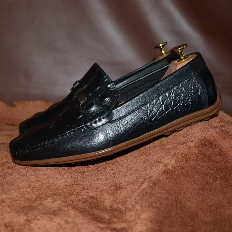 Mocassins Masculinos Luxuosos Com Bico Redondo - Preto 