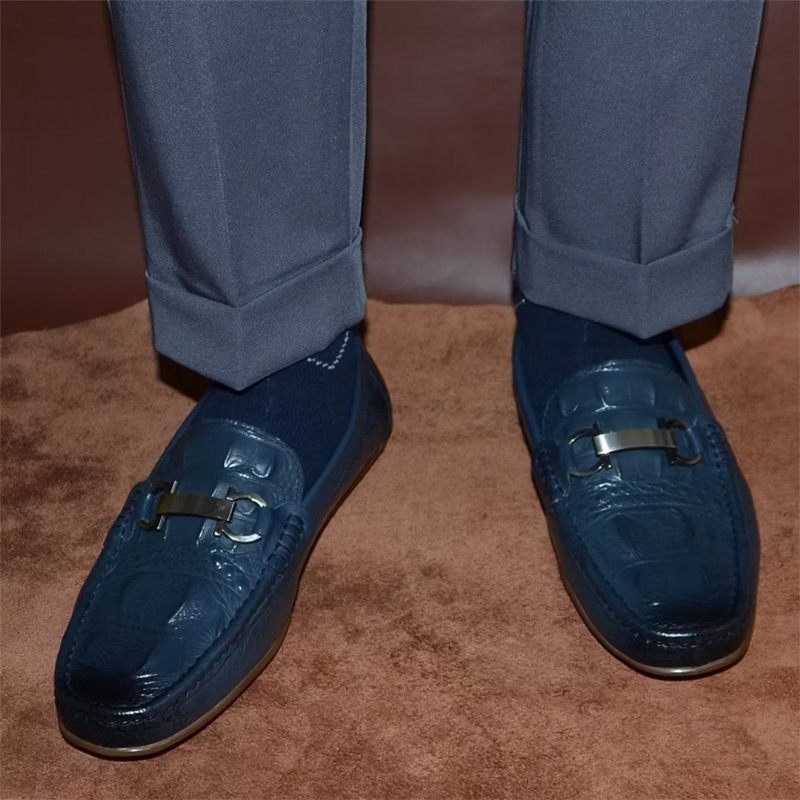 Mocassins Masculinos Luxuosos Com Bico Redondo -  Azul