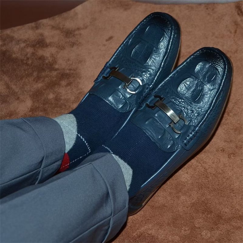 Mocassins Masculinos Luxuosos Com Bico Redondo -  Azul