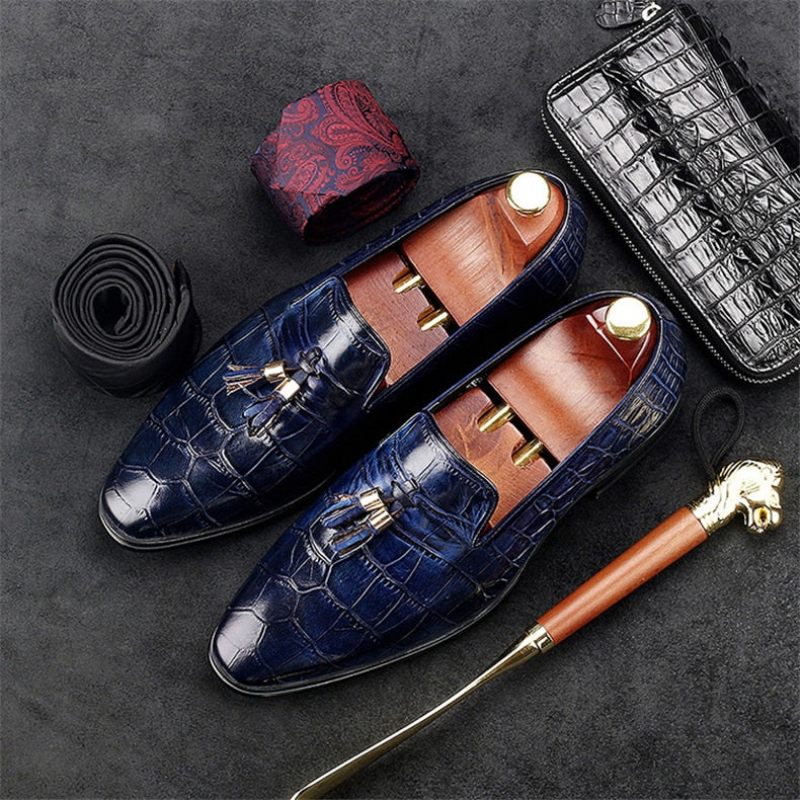 Mocassins Masculinos Luxuosos Com Borla Jacaré - Azul