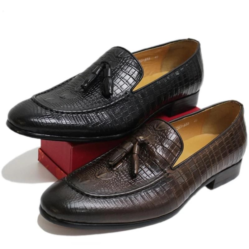 Mocassins Masculinos Luxuosos Couro Crocodilo Com Borla - Preto