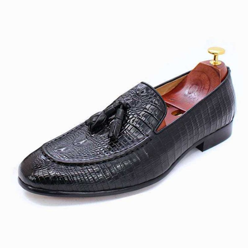 Mocassins Masculinos Luxuosos Couro Crocodilo Com Borla - Preto