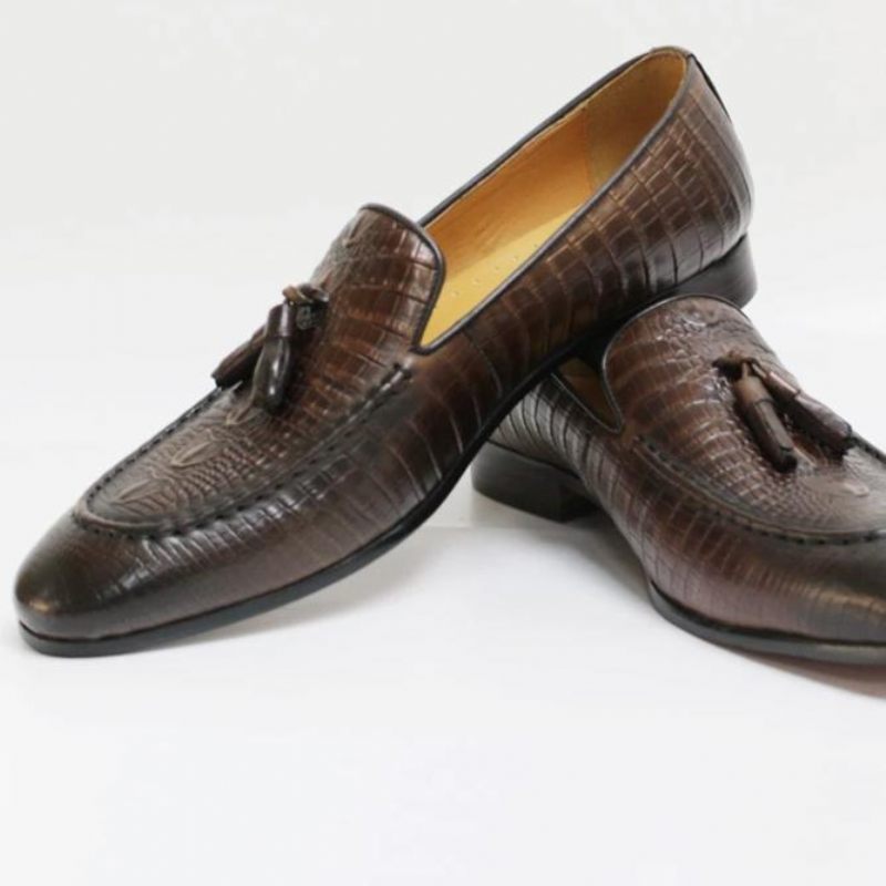 Mocassins Masculinos Luxuosos Couro Crocodilo Com Borla - Café