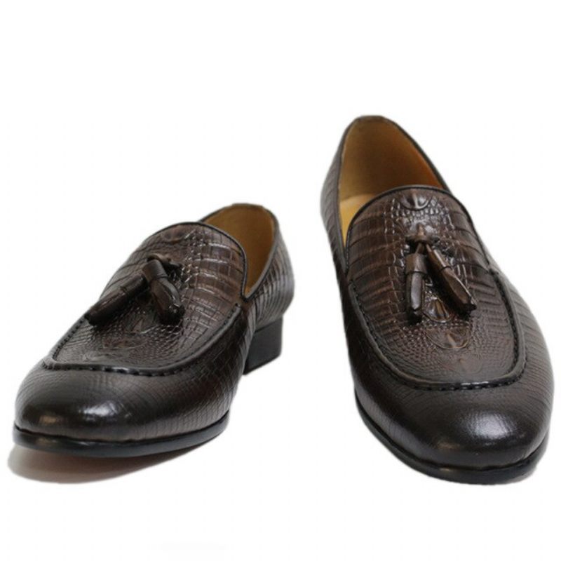 Mocassins Masculinos Luxuosos Couro Crocodilo Com Borla - Café