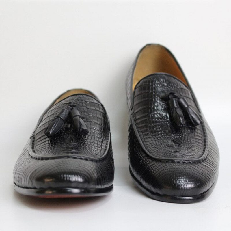 Mocassins Masculinos Luxuosos Couro Crocodilo Com Borla - Preto