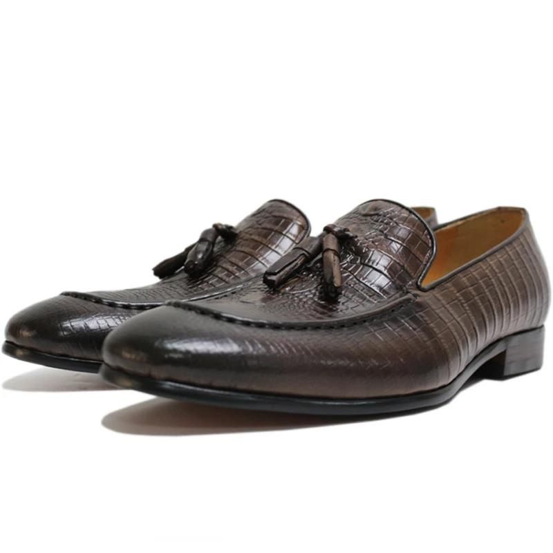 Mocassins Masculinos Luxuosos Couro Crocodilo Com Borla - Café