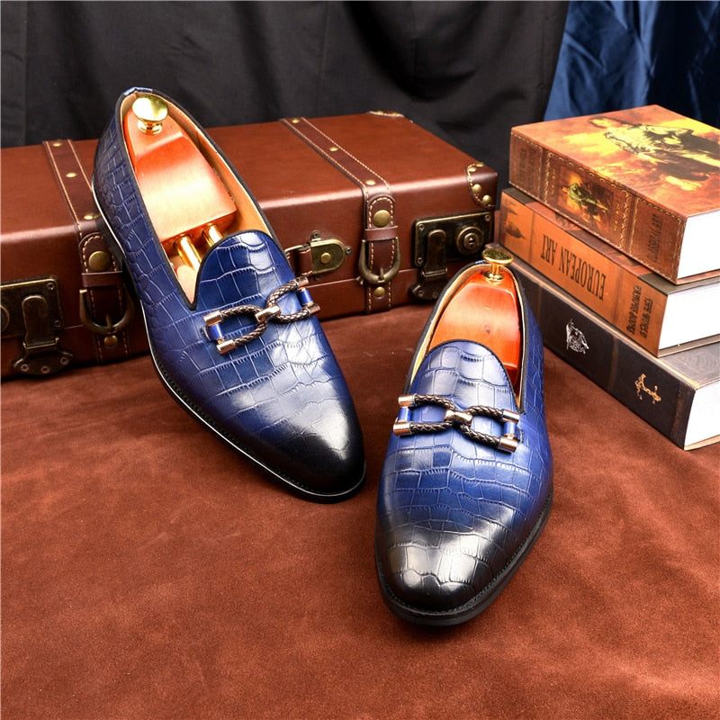 Mocassins Masculinos Luxuosos Couro Crocodilo Com Deslizamento Em Sapatos Brogue - Azul