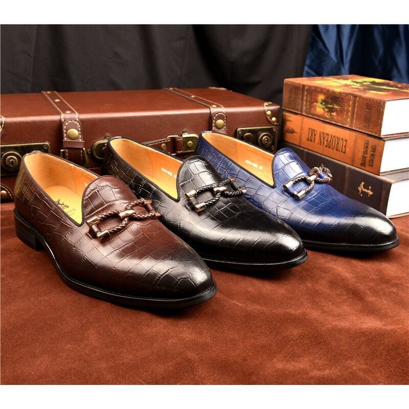 Mocassins Masculinos Luxuosos Couro Crocodilo Com Deslizamento Em Sapatos Brogue - Café