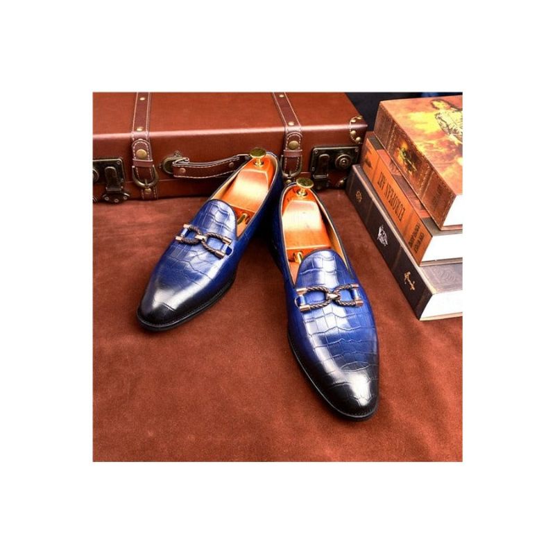 Mocassins Masculinos Luxuosos Couro Crocodilo Com Deslizamento Em Sapatos Brogue - Azul