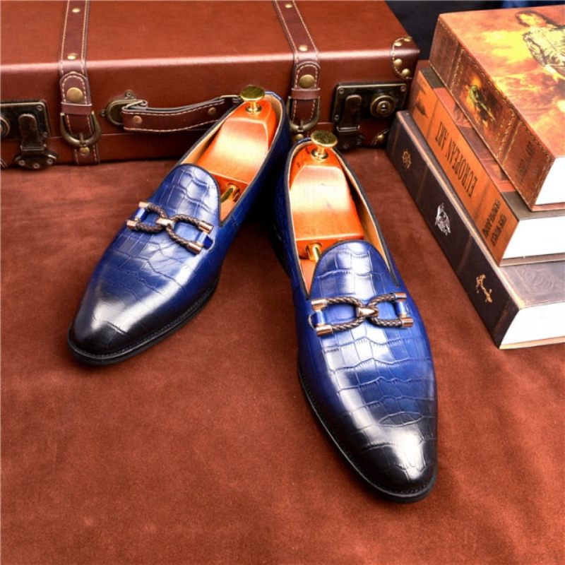 Mocassins Masculinos Luxuosos Couro Crocodilo Com Deslizamento Em Sapatos Brogue - Azul