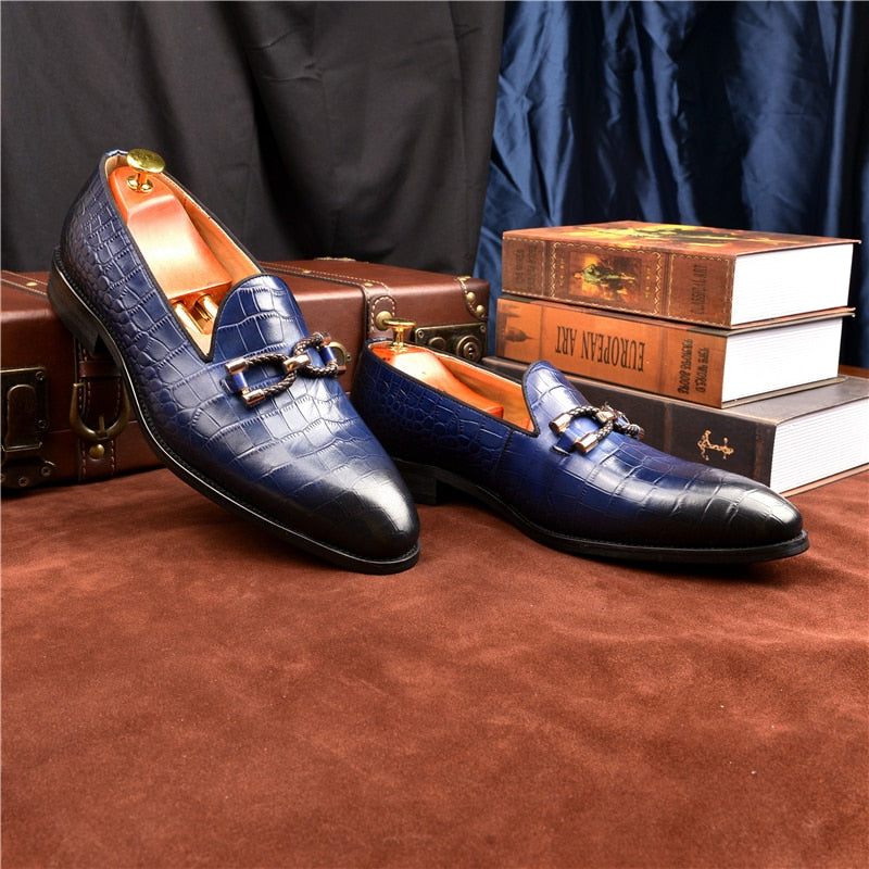 Mocassins Masculinos Luxuosos Couro Crocodilo Com Deslizamento Em Sapatos Brogue - Azul