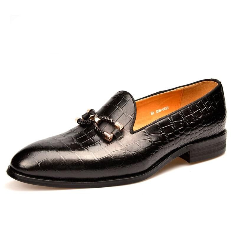 Mocassins Masculinos Luxuosos Couro Crocodilo Com Deslizamento Em Sapatos Brogue - Preto