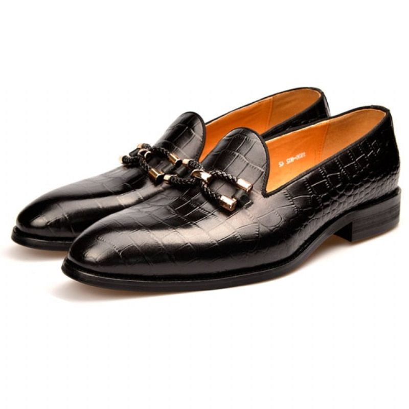 Mocassins Masculinos Luxuosos Couro Crocodilo Com Deslizamento Em Sapatos Brogue - Preto