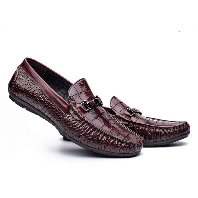 Mocassins Masculinos Luxuosos Couro Crocodilo Com Padrão Jacaré Oxford - Vermelho