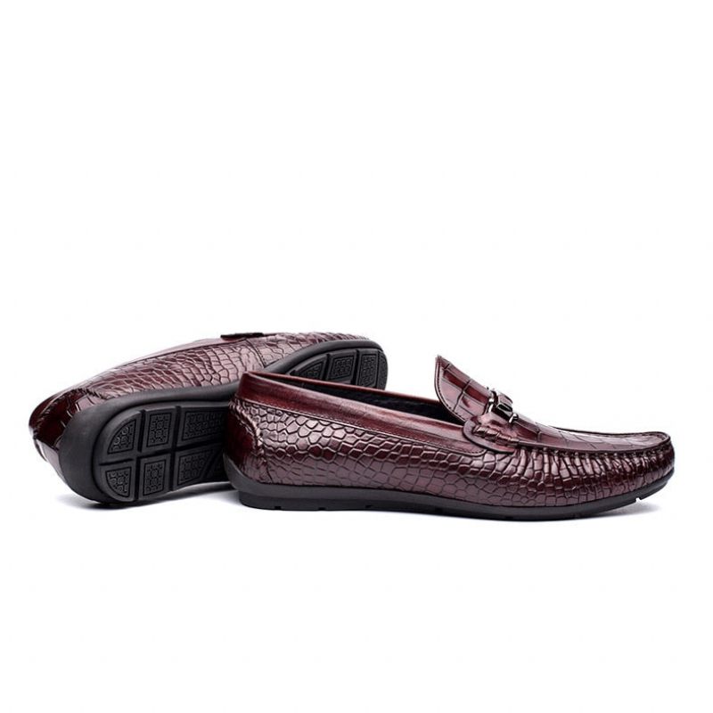 Mocassins Masculinos Luxuosos Couro Crocodilo Com Padrão Jacaré Oxford - Vermelho