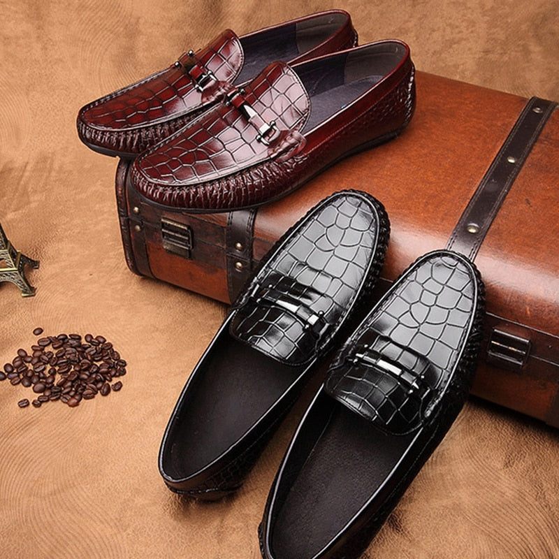 Mocassins Masculinos Luxuosos Couro Crocodilo Com Padrão Jacaré Oxford - Vermelho