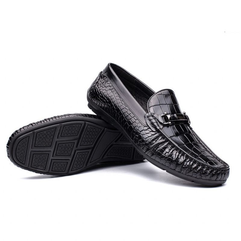 Mocassins Masculinos Luxuosos Couro Crocodilo Com Padrão Jacaré Oxford - Preto