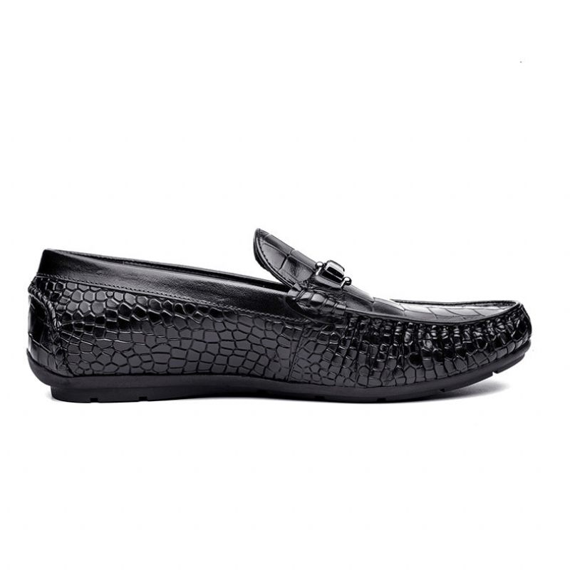 Mocassins Masculinos Luxuosos Couro Crocodilo Com Padrão Jacaré Oxford - Preto