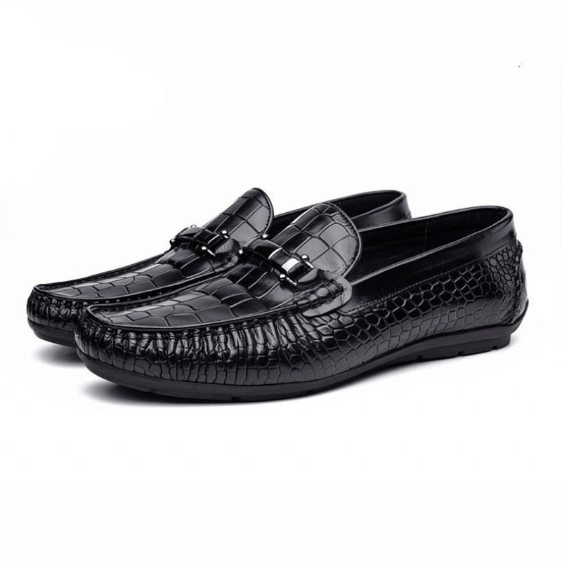 Mocassins Masculinos Luxuosos Couro Crocodilo Com Padrão Jacaré Oxford - Preto