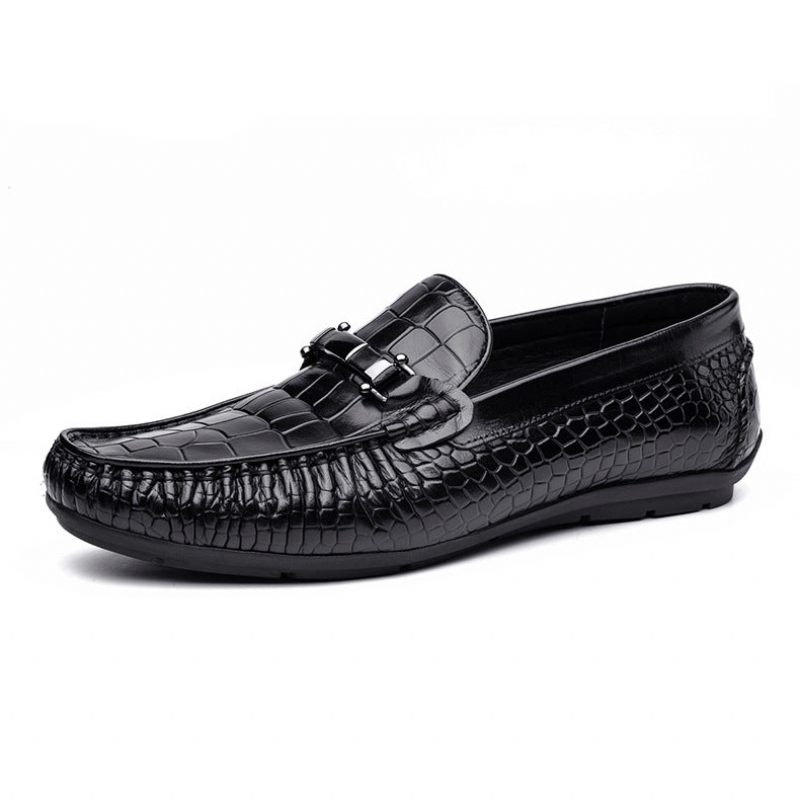 Mocassins Masculinos Luxuosos Couro Crocodilo Com Padrão Jacaré Oxford - Preto