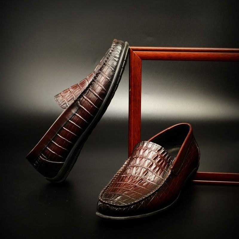 Mocassins Masculinos Luxuosos Couro Crocodilo Deslizamento Diário Negócios Em - Vermelho