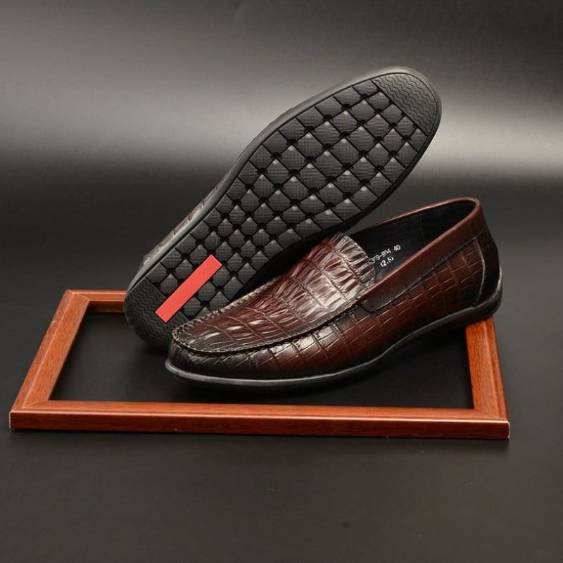 Mocassins Masculinos Luxuosos Couro Crocodilo Deslizamento Diário Negócios Em - Vermelho