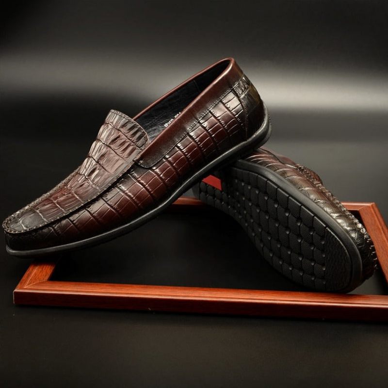 Mocassins Masculinos Luxuosos Couro Crocodilo Deslizamento Diário Negócios Em - Vermelho