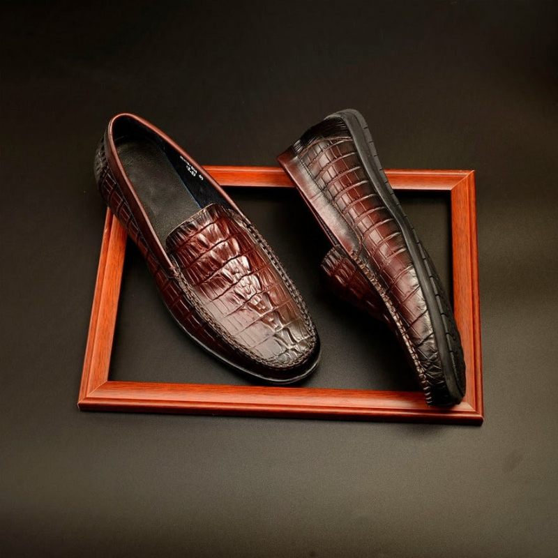 Mocassins Masculinos Luxuosos Couro Crocodilo Deslizamento Diário Negócios Em - Vermelho