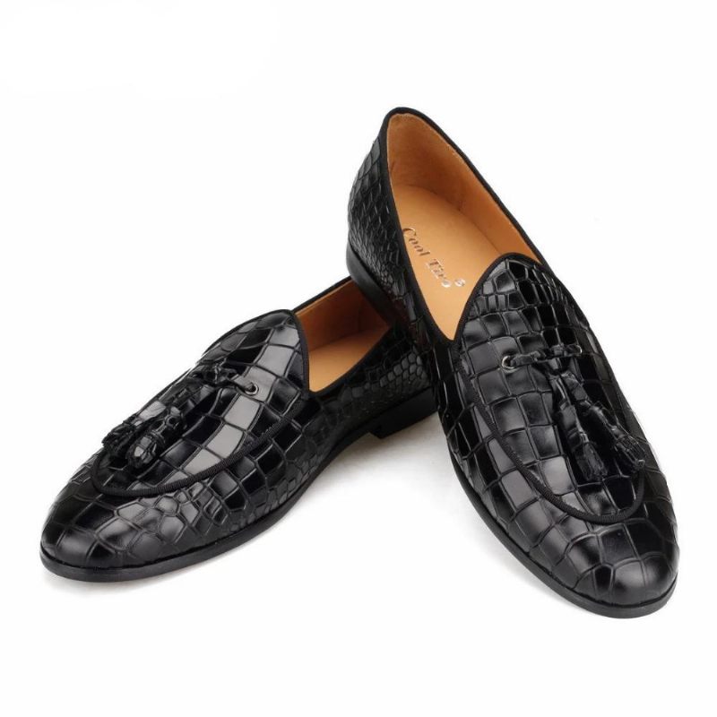 Mocassins Masculinos Luxuosos Croctex Slip-on Com Padrão Sólido - Preto