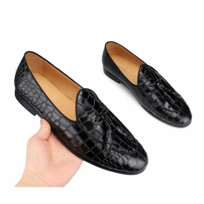 Mocassins Masculinos Luxuosos Croctex Slip-on Com Padrão Sólido - Preto