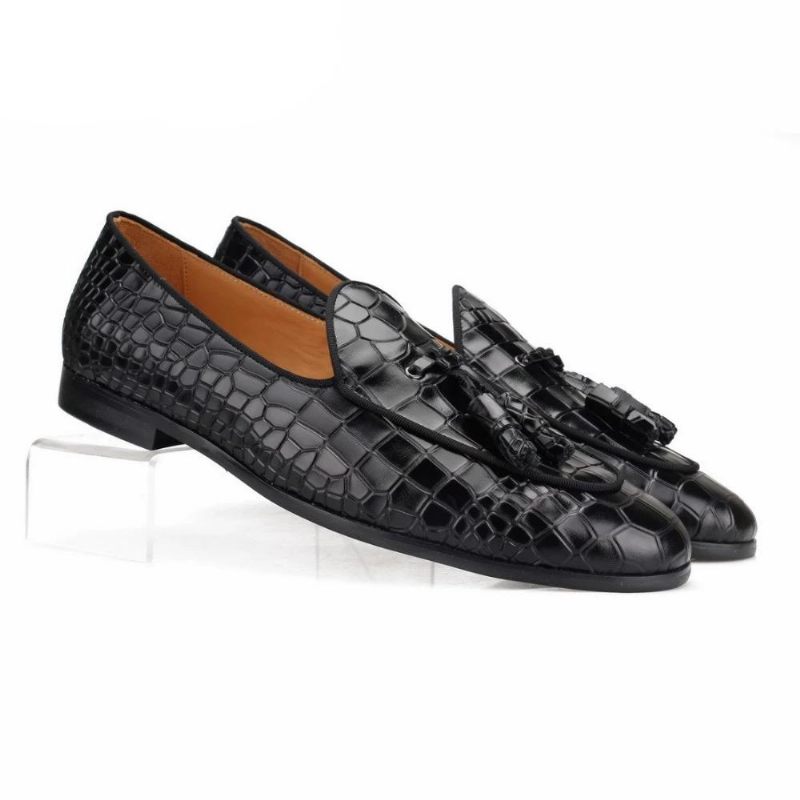 Mocassins Masculinos Luxuosos Croctex Slip-on Com Padrão Sólido - Preto