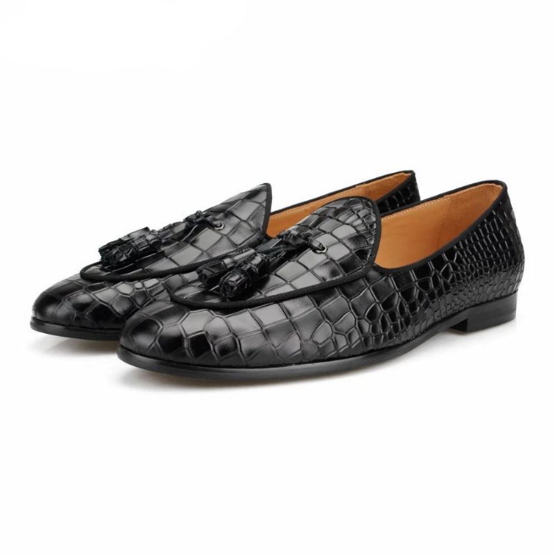 Mocassins Masculinos Luxuosos Croctex Slip-on Com Padrão Sólido - Preto