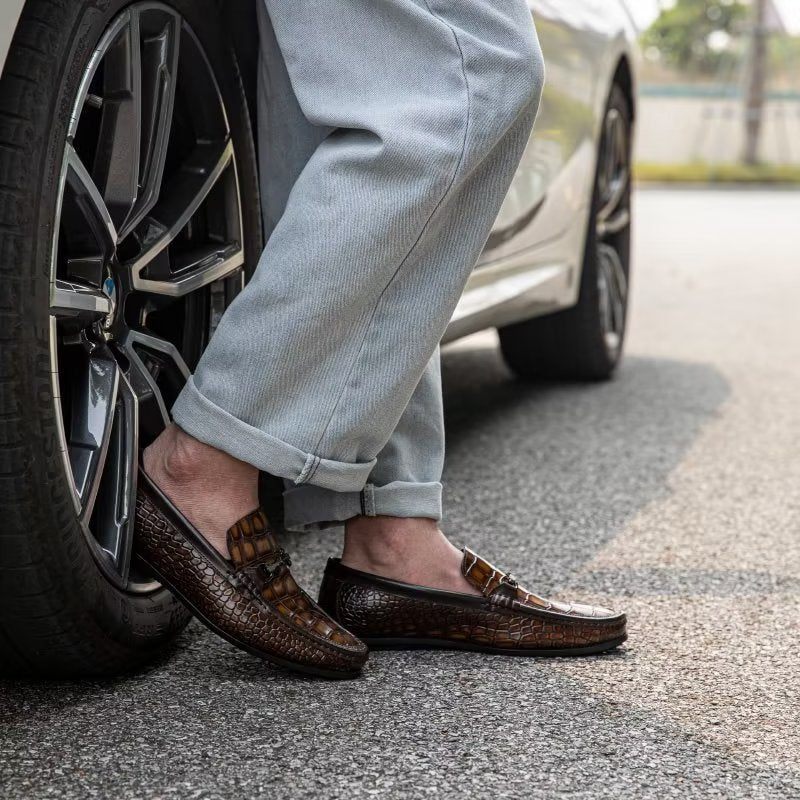 Mocassins Masculinos Modernos Com Biqueira Metal Deslizante - Marrom