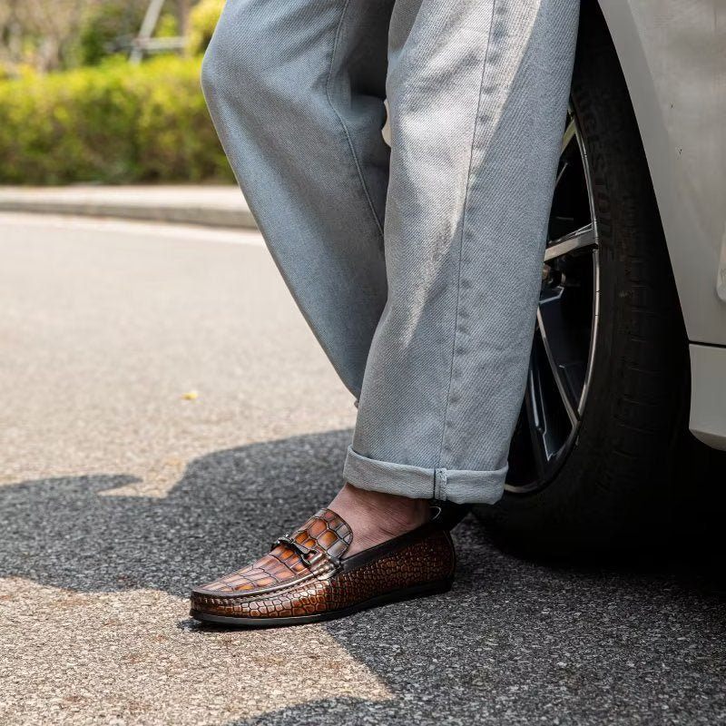 Mocassins Masculinos Modernos Com Biqueira Metal Deslizante - Marrom