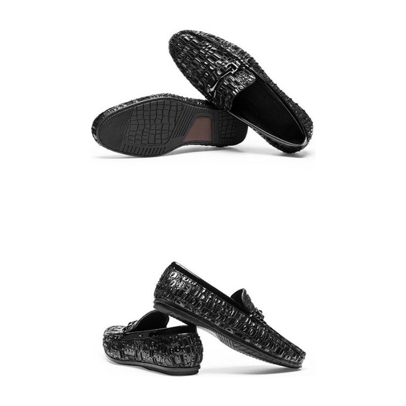 Mocassins Masculinos Respiráveis Slip-on Com Textura Elegante Jacaré - Preto