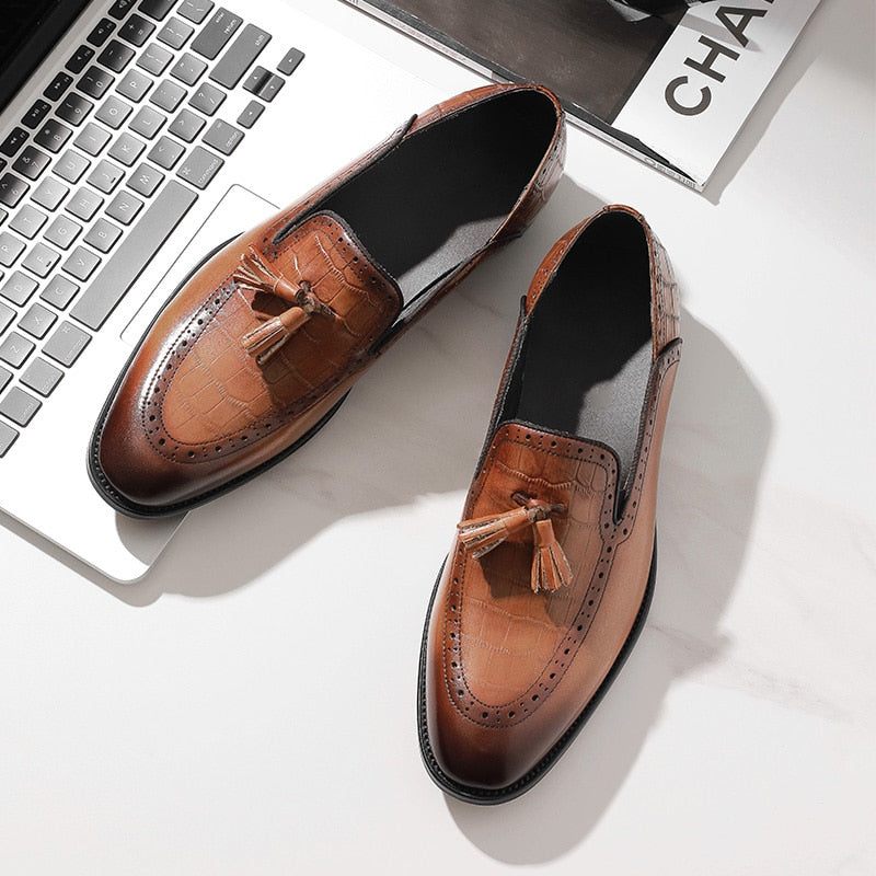 Mocassins Masculinos Retro Chique Exótico Borla Couro Brogue - Café