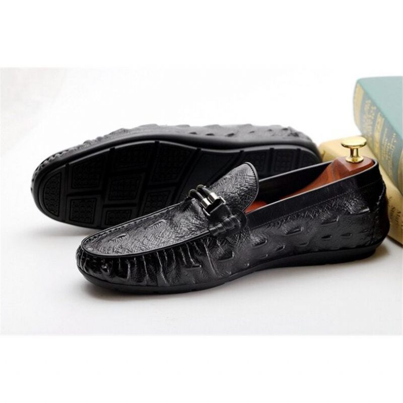 Mocassins Masculinos Vintage Couro Crocodilo Exótico Brogue - Preto