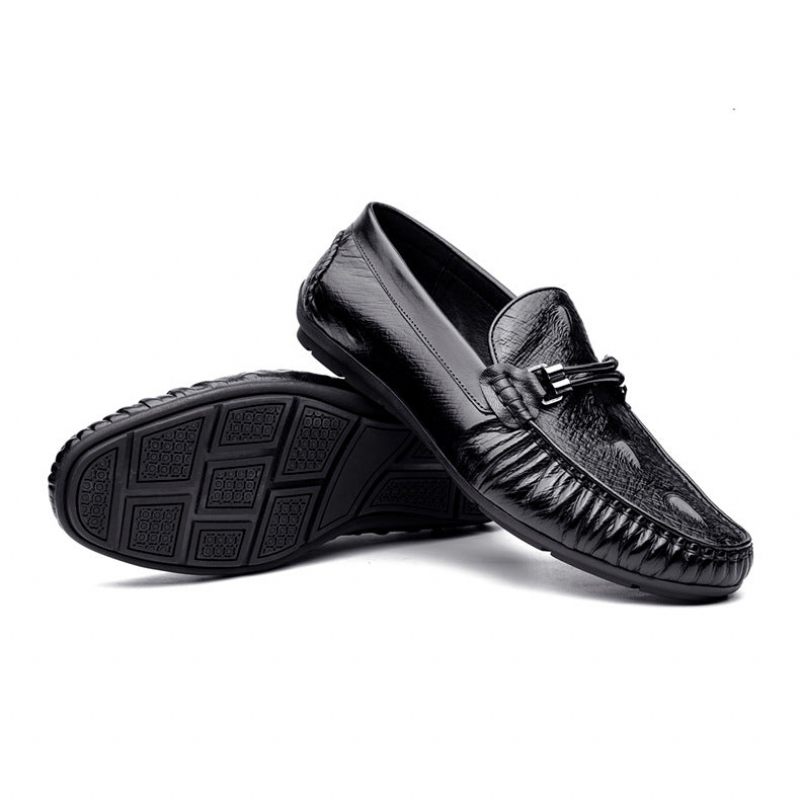 Mocassins Masculinos Vintage Couro Crocodilo Exótico Brogue - Preto