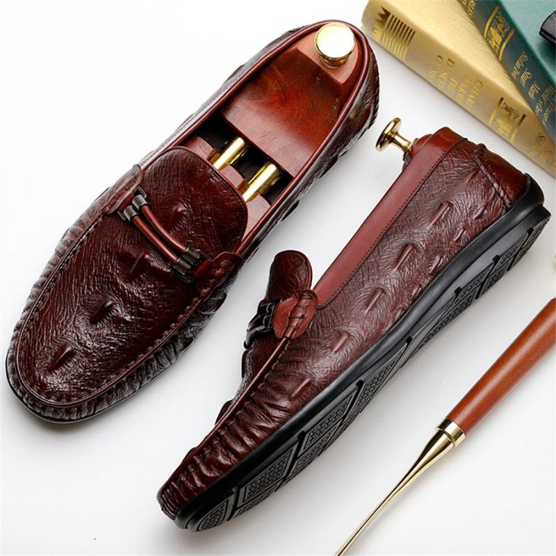 Mocassins Masculinos Vintage Couro Crocodilo Exótico Brogue - Vermelho