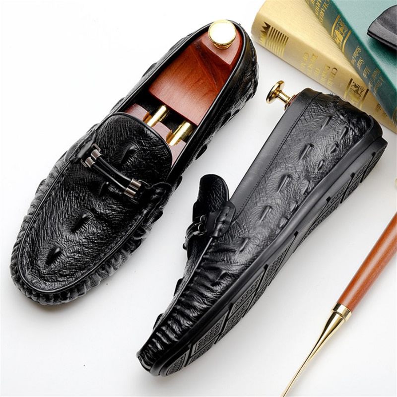 Mocassins Masculinos Vintage Couro Crocodilo Exótico Brogue - Preto